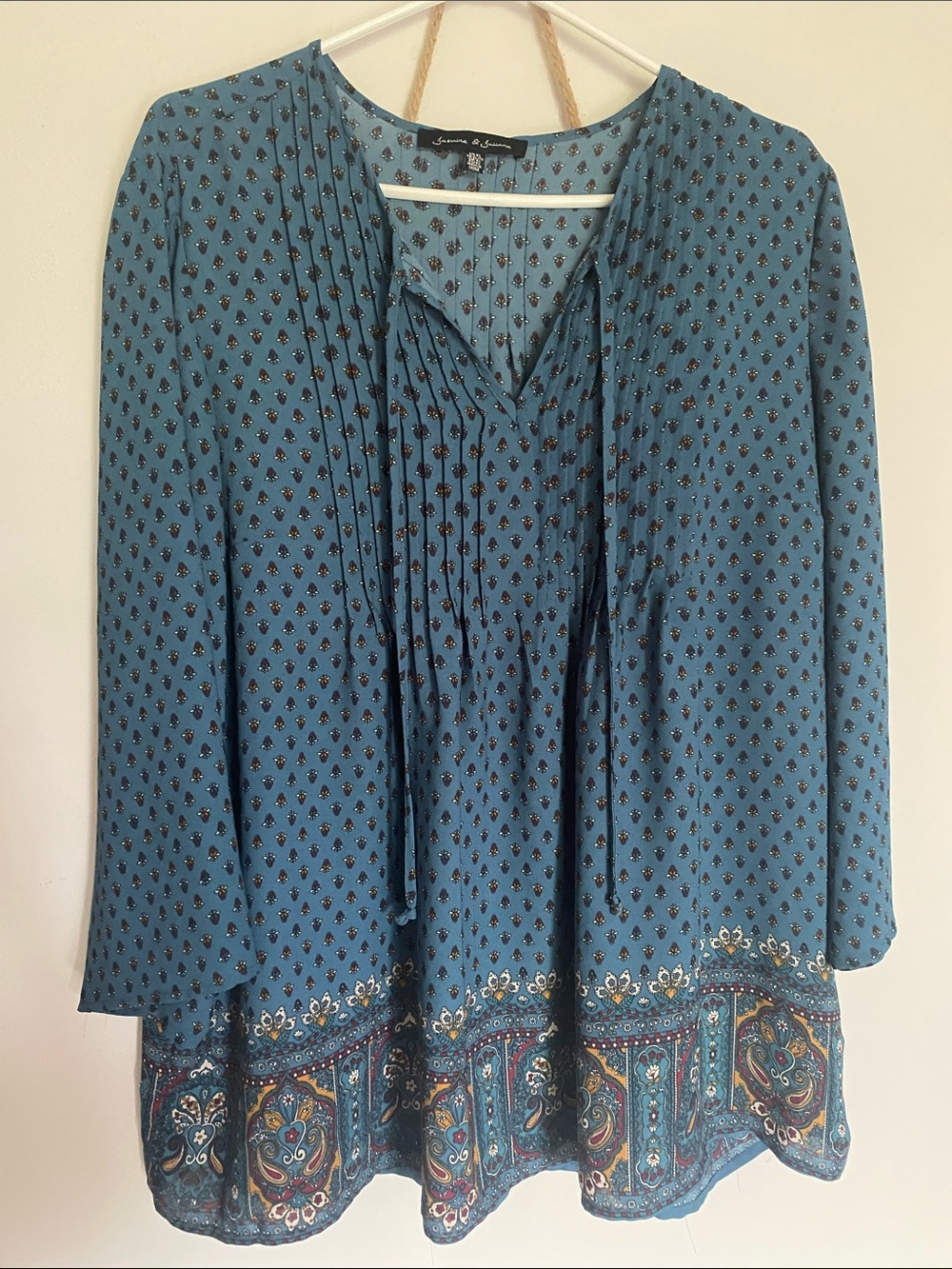 Jasmine & Juliana Blue Paisley-Trim V-Neck Tunic Shirt Ladies Clothes